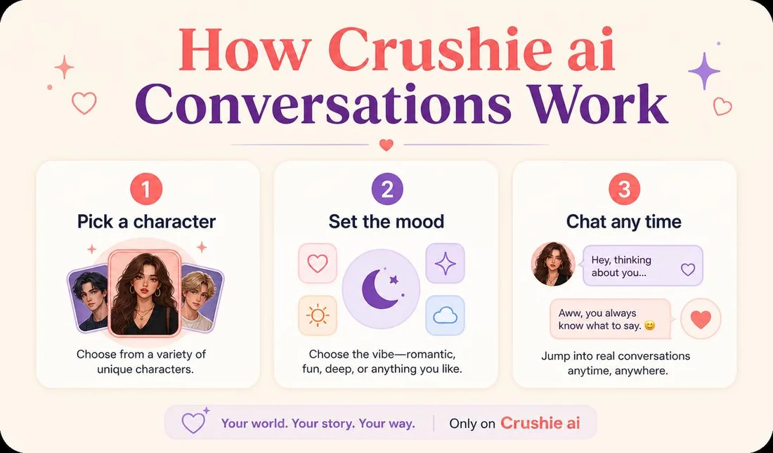 Three steps on Crushie ai: pick a character, set the mood, chat any time