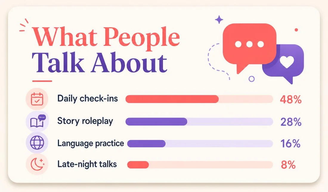 Chart of popular topics: daily check-ins, story roleplay, language practice, late-night talks