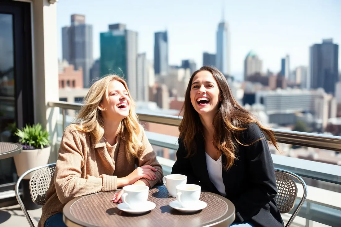 Two friends laughing at a sunny rooftop cafe table