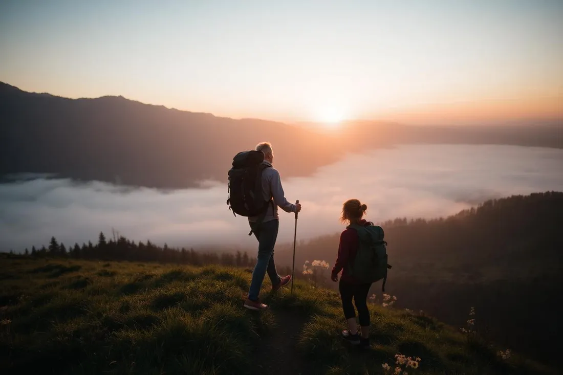 Two friends hiking a mountain trail at sunrise above the clouds