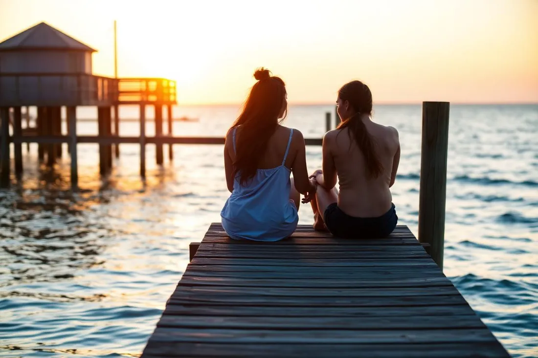 Two friends sitting together on a seaside pier at golden hour