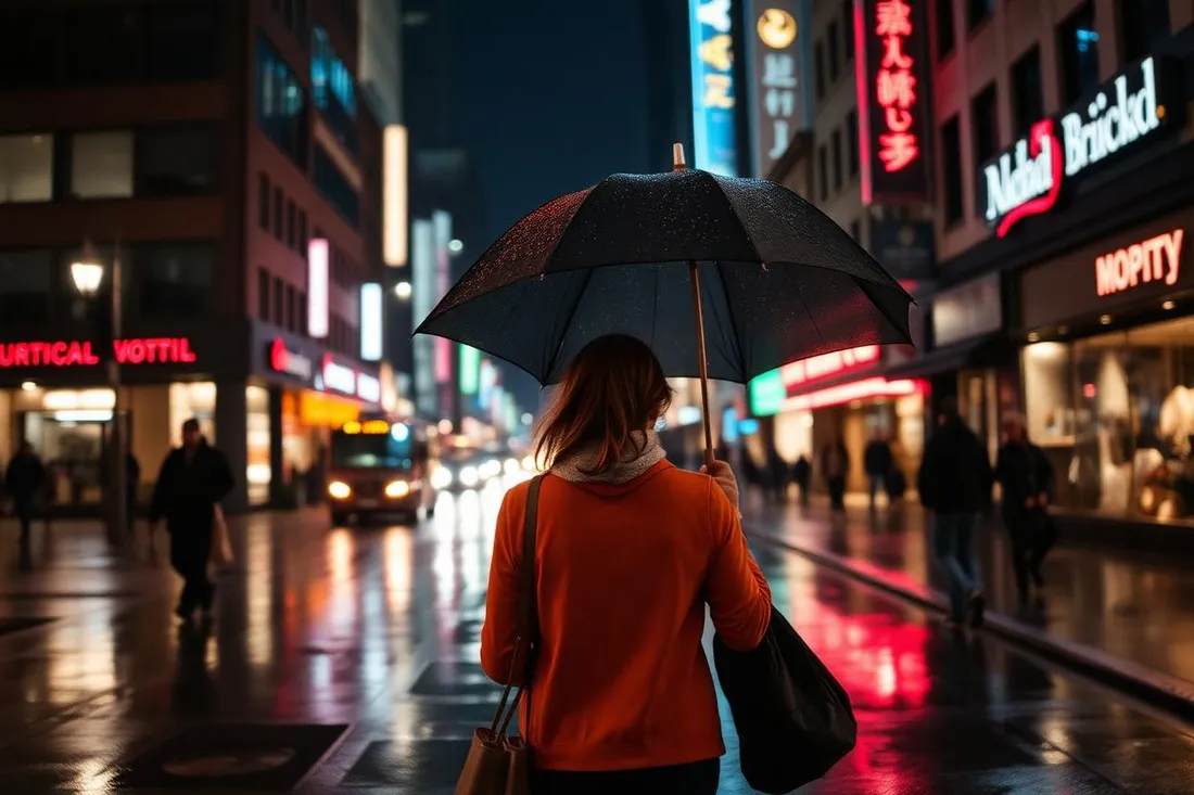 Two friends walking a neon-lit rainy city street sharing an umbrella